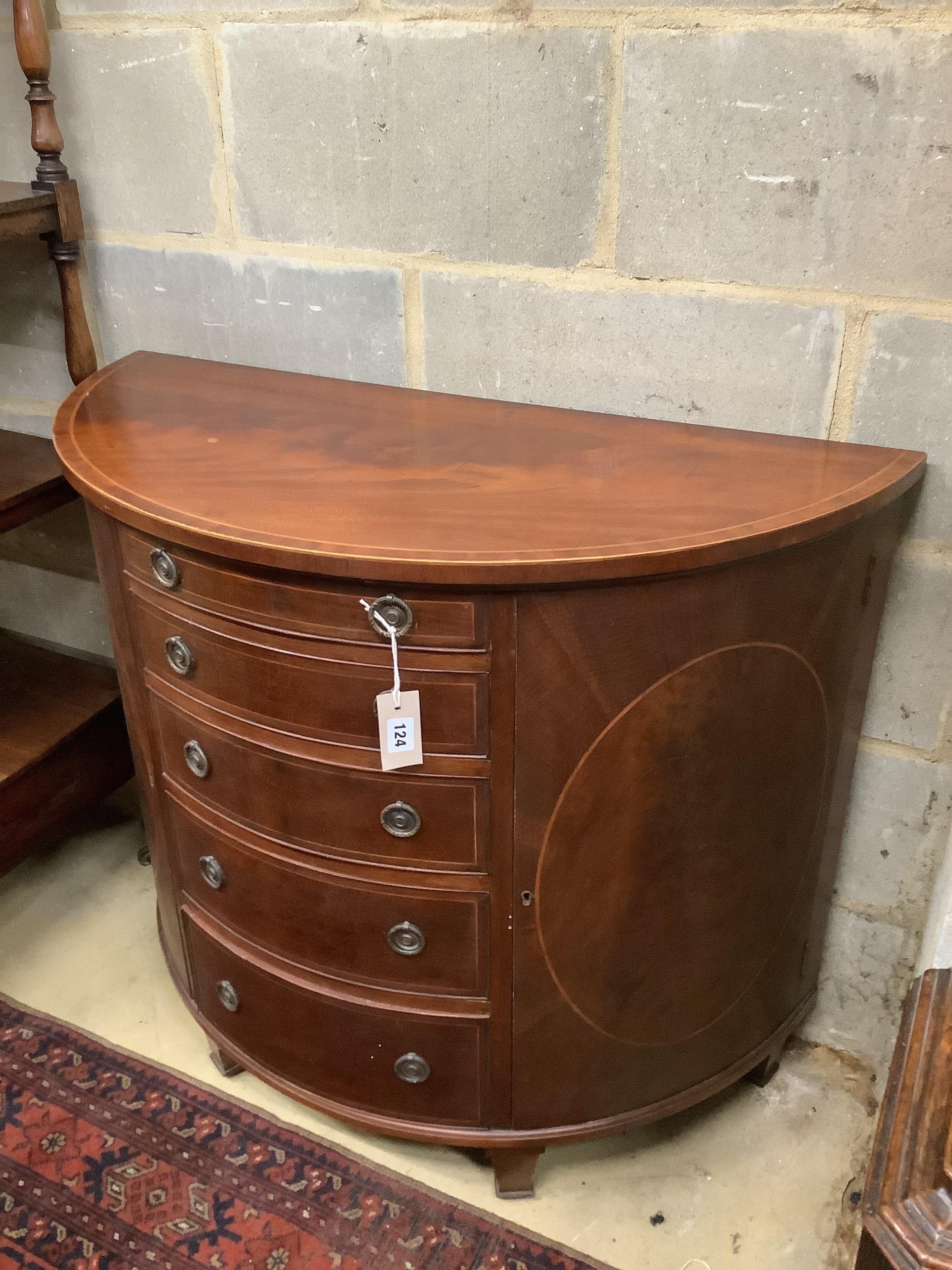 A Sheraton style inlaid demi-lune side cabinet, width 92cm, depth 42cm, height 78cm